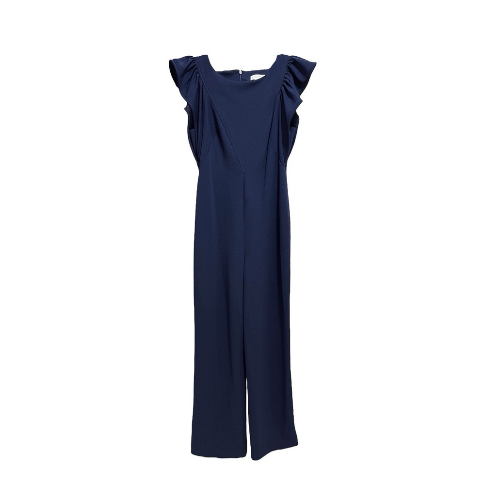 CALVIN KLEIN Navy Blue Wide Leg Jumpsuit Ruffled Cap Sleeves Women's 6